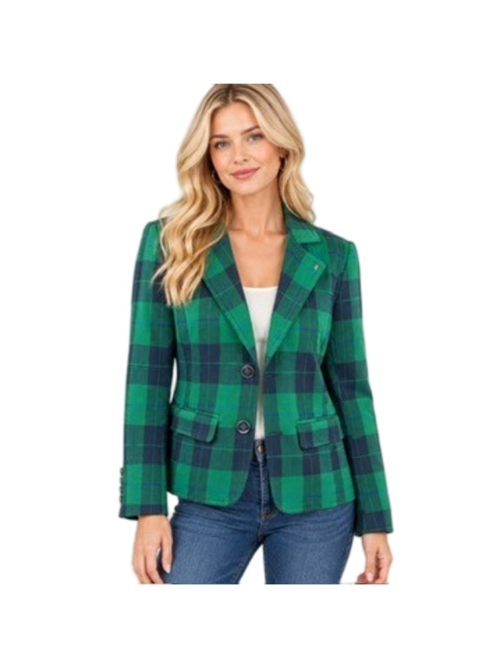 Tommy Hilfiger Black Watch Plaid Blazer Women Slim Fit Green Navy Tartan Size 16